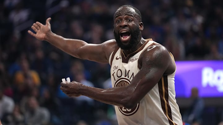 Jan 30, 2026; San Francisco, California, USA; Golden State Warriors forward Draymond Green (23) reacts after the Warriors committed a turnover against the Detroit Pistons in the first quarter at the Chase Center. Mandatory Credit: Cary Edmondson-Imagn Images