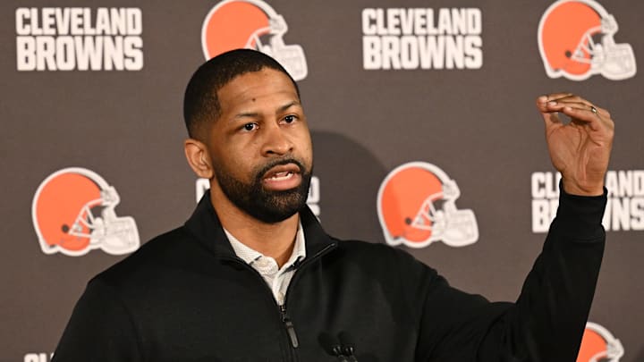 Feb 3, 2026; Berea, OH, USA; Executive vice president, football operations and general manager  Andrew Berry speaks to the media during a press conference to introduce new head coach Todd Monken at CrossCountry Mortgage Campus. Mandatory Credit: Ken Blaze-Imagn Images