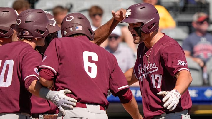Texas A&M centerfielder Jace LaViolette (17) is greeted at the plate after hitting a grand slam against Mississippi State in the first round of the SEC Baseball Tournament at the Hoover Met.