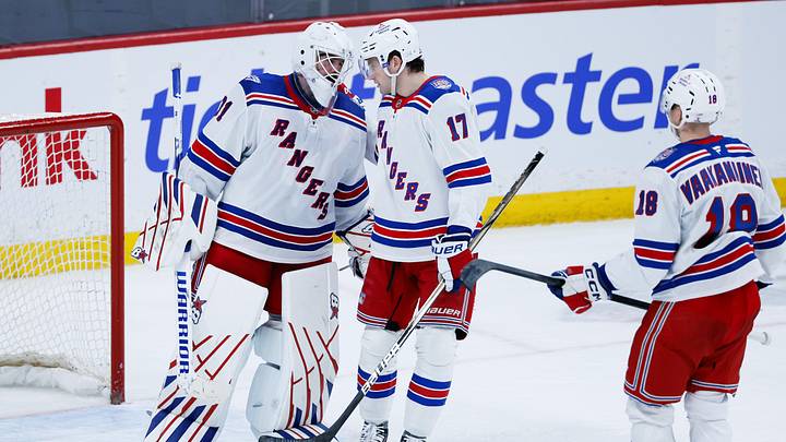Mar 12, 2026; Winnipeg, Manitoba, CAN; New York Rangers goalie Igor Shesterkin (31) is congratulated by defenseman Will Borgen (17) on his win against the Winnipeg Jets at the end of the third period at Canada Life Centre. Mar 12, 2026; Winnipeg, Manitoba, CAN; New York Rangers goalie Igor Shesterkin (31) is congratulated by defenseman Will Borgen (17) on his win against the Winnipeg Jets at the end of the third period at Canada Life Centre.