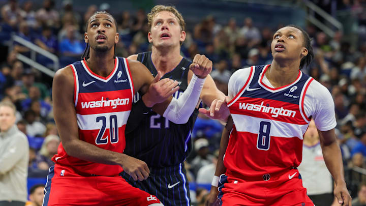 Nov 10, 2024; Orlando, Florida, USA; Washington Wizards forward Alexandre Sarr (20), guard Carlton Carrington (8) and Orlando Magic center Moritz Wagner (21) watch for the rebound during the second half at Kia Center. Mandatory Credit: Mike Watters-Imagn Images Nov 10, 2024; Orlando, Florida, USA; Washington Wizards forward Alexandre Sarr (20), guard Carlton Carrington (8) and Orlando Magic center Moritz Wagner (21) watch for the rebound during the second half at Kia Center. Mandatory Credit: Mike Watters-Imagn Images