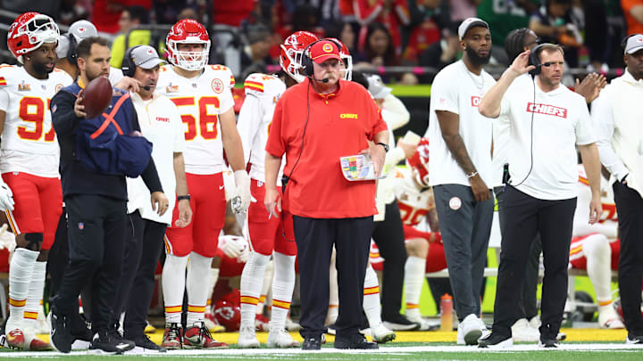Feb 9, 2025; New Orleans, LA, USA; Kansas City Chiefs head coach Andy Reid on the sideline against the Philadelphia Eagles in the first quarter in Super Bowl LIX at Ceasars Superdome.