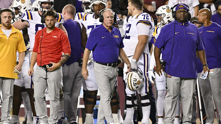 Oct 26, 2024; College Station, Texas, USA; LSU Tigers head coach Brian Kelly looks on during the fourth quarter against the LSU Tigers. The Aggies defeated the Tigers 38-23; at Kyle Field. Mandatory Credit: Maria Lysaker-Imagn Images.  