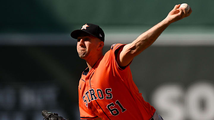 Aug 2, 2025; Boston, Massachusetts, USA; Houston Astros starting pitcher Colton Gordon (61) pitches against the Boston Red Sox during the first inning at Fenway Park. Aug 2, 2025; Boston, Massachusetts, USA; Houston Astros starting pitcher Colton Gordon (61) pitches against the Boston Red Sox during the first inning at Fenway Park.