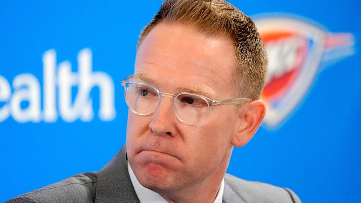 Thunder general manager Sam Presti speaks during an introductory press conference for the 2024 Thunder draft picks at Oklahoma Contemporary Arts Center in Oklahoma City, Saturday, June, 29, 2024. Thunder general manager Sam Presti speaks during an introductory press conference for the 2024 Thunder draft picks at Oklahoma Contemporary Arts Center in Oklahoma City, Saturday, June, 29, 2024.