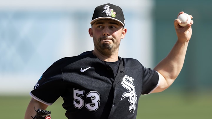 Mar 2, 2026; Phoenix, Arizona, USA; Chicago White Sox pitcher Brandon Eisert against the San Francisco Giants during a spring training game at Camelback Ranch-Glendale. Mandatory Credit: Mark J. Rebilas-Imagn Images