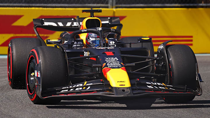 May 4, 2024; Miami Gardens, Florida, USA; Red Bull Racing driver Max Verstappen (1) during F1 qualifying for Miami Grand Prix at Miami International Autodrome. Mandatory Credit: Peter Casey-Imagn Images