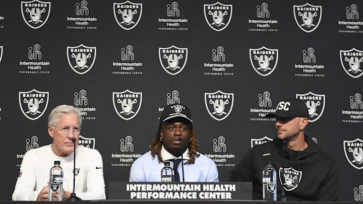 Apr 25, 2025; Henderson, NV, USA; (L-R) Las Vegas Raiders head coach Pete Carroll, Ashton Jeanty and general manager John Spytek during a news conference introducing Jeanty as the first round draft pick in the 2025 NFL Draft at Intermountain Health Performance Center. Mandatory Credit: Candice Ward-Imagn Images