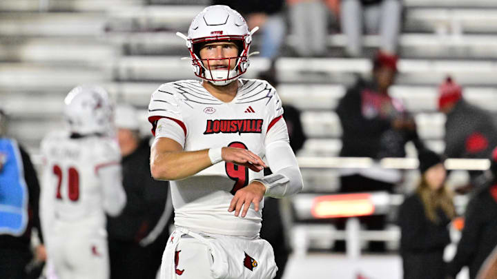 Oct 25, 2024; Chestnut Hill, Massachusetts, USA; Louisville Cardinals quarterback Tyler Shough (9) warms up before a game against the Boston College Eagles at Alumni Stadium. Mandatory Credit: Eric Canha-Imagn Images Oct 25, 2024; Chestnut Hill, Massachusetts, USA; Louisville Cardinals quarterback Tyler Shough (9) warms up before a game against the Boston College Eagles at Alumni Stadium. Mandatory Credit: Eric Canha-Imagn Images