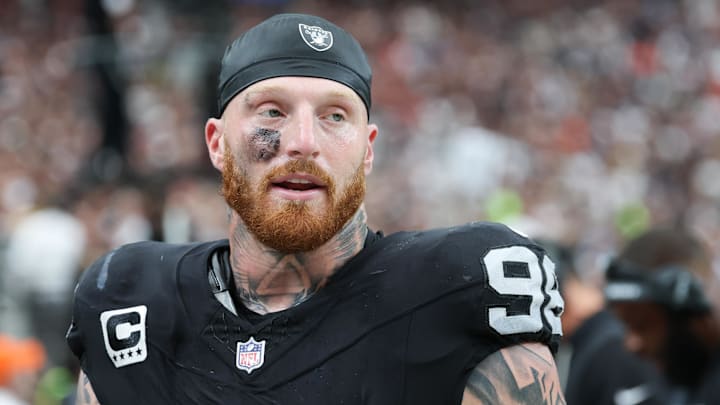 Sep 28, 2025; Paradise, Nevada, USA; Las Vegas Raiders defensive end Maxx Crosby (98) looks on from the sideline during the first quarter against the Chicago Bears at Allegiant Stadium. Mandatory Credit: Kiyoshi Mio-Imagn Images