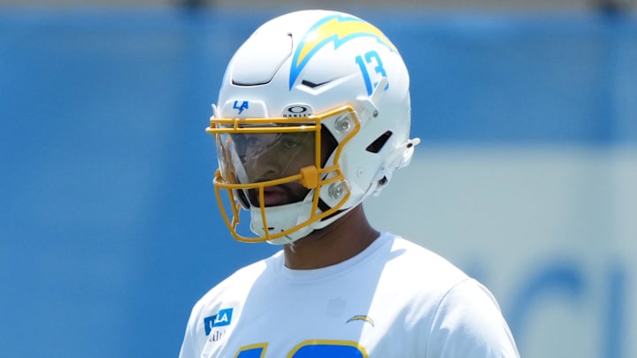May 27, 2025; El Segundo, CA, USA; Los Angeles Chargers quarterback DJ Uiagalelei (13) during organized team activities at The Bolt. Mandatory Credit: Kirby Lee-Imagn Images May 27, 2025; El Segundo, CA, USA; Los Angeles Chargers quarterback DJ Uiagalelei (13) during organized team activities at The Bolt. Mandatory Credit: Kirby Lee-Imagn Images
