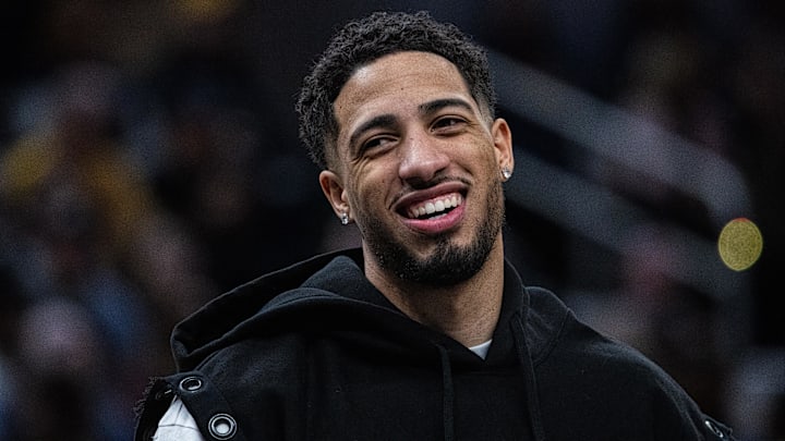 Jan 14, 2025; Indianapolis, Indiana, USA; Indiana Pacers guard Tyrese Haliburton (0) reacts in the second half against the Cleveland Cavaliers at Gainbridge Fieldhouse. Mandatory Credit: Trevor Ruszkowski-Imagn Images