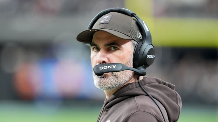 Nov 23, 2025; Paradise, Nevada, USA; Cleveland Browns head coach Kevin Stefanski looks on in the first half against the Las Vegas Raiders at Allegiant Stadium. Mandatory Credit: Stephen R. Sylvanie-Imagn Images