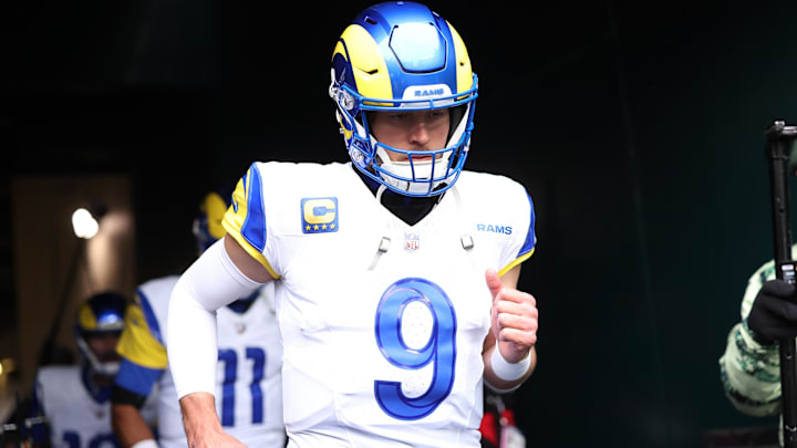 Jan 19, 2025; Philadelphia, Pennsylvania, USA; Los Angeles Rams quarterback Matthew Stafford (9) runs onto the field prior to the game against the Philadelphia Eagles in a 2025 NFC divisional round game at Lincoln Financial Field. Mandatory Credit: Bill Streicher-Imagn Images