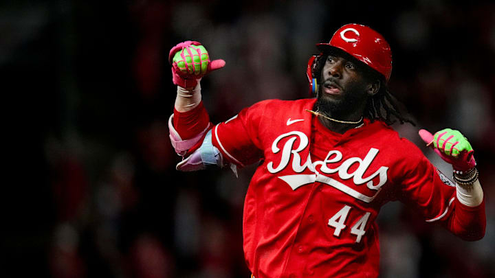 Cincinnati Reds shortstop Elly de la Cruz (44) runs the bases after hitting his 10th home run of the season in the eighth inning of the MLB National League game between the Cincinnati Reds and the Colorado Rockies at Great American Ball Park in downtown Cincinnati on Tuesday, April 28, 2026. The Reds won the opening game of the series, 7-2.