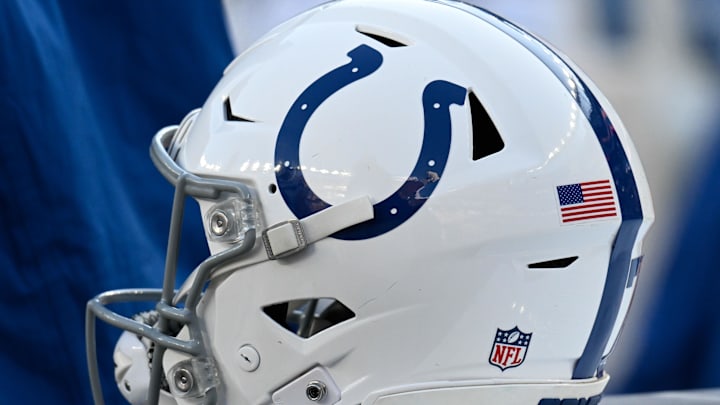 Dec 1, 2024; Foxborough, Massachusetts, USA; An Indianapolis Colts helmet sits on an equipment case during the first half against the New England Patriots at Gillette Stadium. Mandatory Credit: Eric Canha-Imagn Images Dec 1, 2024; Foxborough, Massachusetts, USA; An Indianapolis Colts helmet sits on an equipment case during the first half against the New England Patriots at Gillette Stadium. Mandatory Credit: Eric Canha-Imagn Images