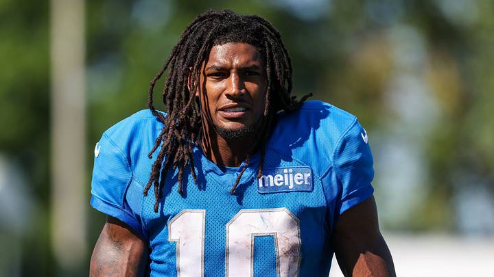 Detroit Lions running back Isiah Pacheco (10) walks off the field Detroit Lions running back Isiah Pacheco (10) walks off the field