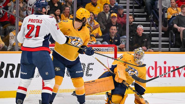 Oct 29, 2026; Nashville, Tennessee, USA;  Nashville Predators goaltender Juuse Saros (74) reacts after Washington Capitals defenseman Cole Hutson (44) (not pictured) scores during the first period at Bridgestone Arena.  Mandatory Credit: Steve Roberts-Imagn Images