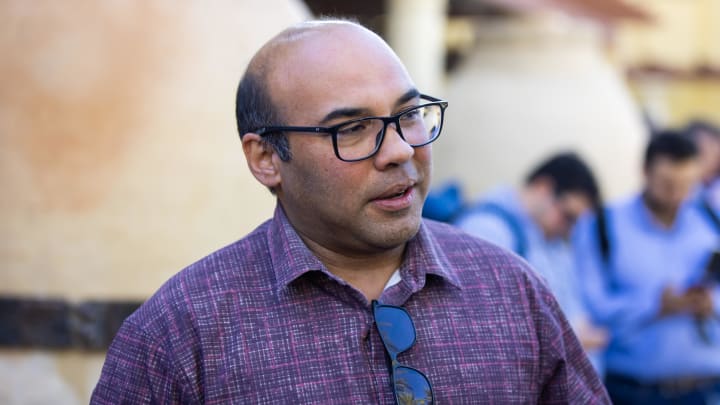 Nov 8, 2023; Scottsdale, AZ, USA; San Francisco Giants president of baseball operations Farhan Zaidi speaks to the media during the MLB General Manager's Meetings at Omni Scottsdale Resort & Spa. Nov 8, 2023; Scottsdale, AZ, USA; San Francisco Giants president of baseball operations Farhan Zaidi speaks to the media during the MLB General Manager's Meetings at Omni Scottsdale Resort & Spa.