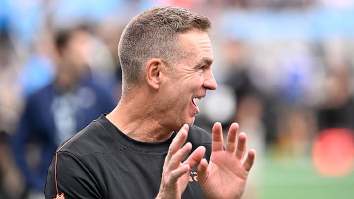 Sep 29, 2024; Charlotte, North Carolina, USA;  Cincinnati Bengals defensive coordinator Lou Anarumo before the game at Bank of America Stadium. Mandatory Credit: Bob Donnan-Imagn Images