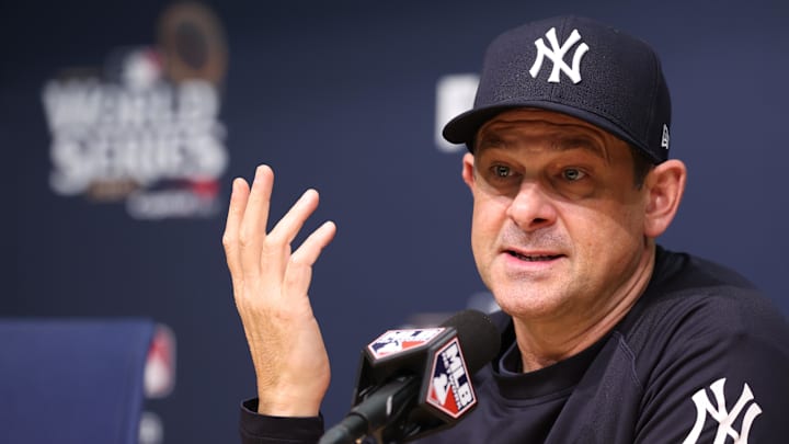New York Yankees manager Aaron Boone talks with the media before Game 1 of the World Series against the Los Angeles Dodgers at Dodger Stadium. New York Yankees manager Aaron Boone talks with the media before Game 1 of the World Series against the Los Angeles Dodgers at Dodger Stadium.
