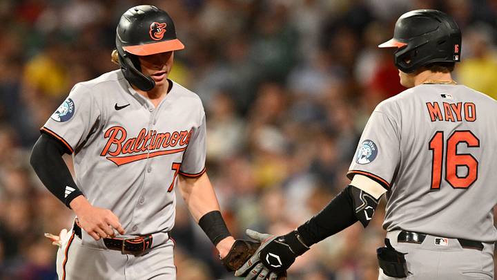 Aug 19, 2025; Boston, Massachusetts, USA; Baltimore Orioles second baseman Jackson Holliday (7) high-fives first baseman Coby Mayo (16) after scoring a run against the Boston Red Sox during the fifth inning at Fenway Park. Mandatory Credit: Brian Fluharty-Imagn Images Aug 19, 2025; Boston, Massachusetts, USA; Baltimore Orioles second baseman Jackson Holliday (7) high-fives first baseman Coby Mayo (16) after scoring a run against the Boston Red Sox during the fifth inning at Fenway Park. Mandatory Credit: Brian Fluharty-Imagn Images