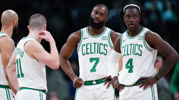 Feb 1, 2024; Boston, Massachusetts, USA; Boston Celtics guard Jrue Holiday (4), guard Jaylen Brown (7), guard Payton Pritchard (11) and guard Derrick White (9) on the court against the Los Angeles Lakers in the second half at TD Garden. Mandatory Credit: David Butler II-Imagn Images Feb 1, 2024; Boston, Massachusetts, USA; Boston Celtics guard Jrue Holiday (4), guard Jaylen Brown (7), guard Payton Pritchard (11) and guard Derrick White (9) on the court against the Los Angeles Lakers in the second half at TD Garden. Mandatory Credit: David Butler II-Imagn Images