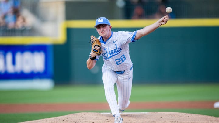 May 24, 2024; Charlotte, NC, USA; North Carolina Tar Heels pitcher Shea Sprague starts against the Wake Forest during the ACC Baseball Tournament at Truist Field. Mandatory Credit: Scott Kinser-USA TODAY Sports