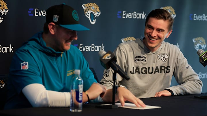 Jacksonville Jaguars general manager James Gladstone, right, smiles at head coach Liam Coen during a press conference at Miller Electric Center Tuesday, April 15, 2025 in Jacksonville, Fla. [Corey Perrine/Florida Times-Union]