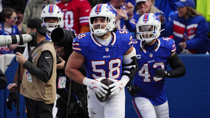 Buffalo Bills linebacker Matt Milano after recovering a fumble against the New York Jets during the second half at Highmark Stadium.