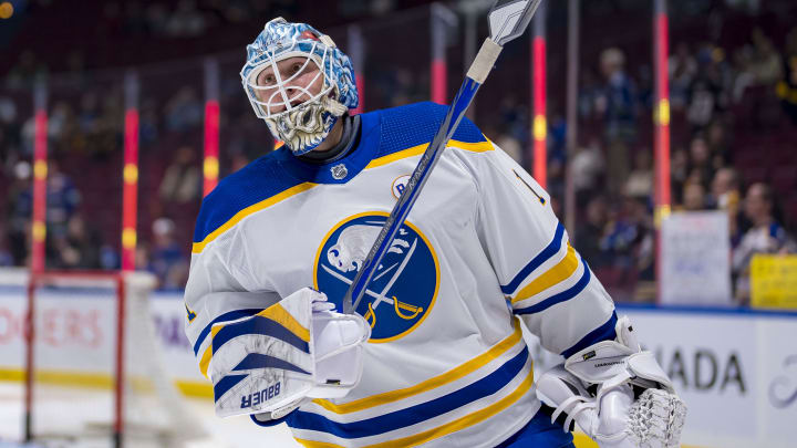 Mar 19, 2024; Vancouver, British Columbia, CAN; Buffalo Sabres goalie Ukko Pekka Luukkonen (1) skates during warm up prior to a game against the Vancouver Canucks at Rogers Arena. Mandatory Credit: Bob Frid-USA TODAY Sports Mar 19, 2024; Vancouver, British Columbia, CAN; Buffalo Sabres goalie Ukko Pekka Luukkonen (1) skates during warm up prior to a game against the Vancouver Canucks at Rogers Arena. Mandatory Credit: Bob Frid-USA TODAY Sports