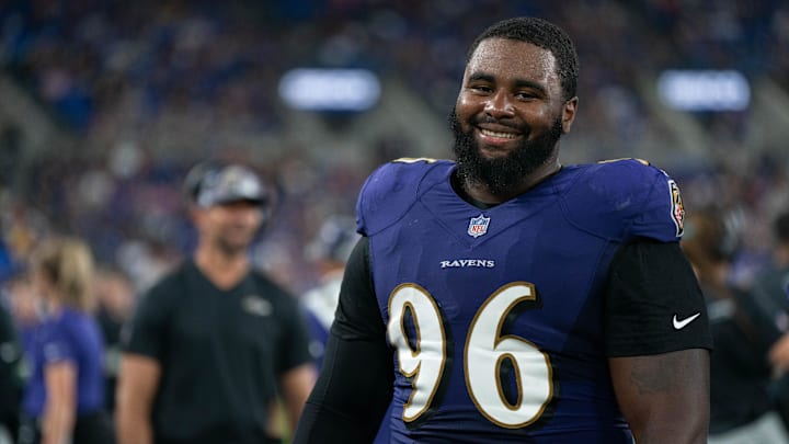 Aug 27, 2022; Baltimore, Maryland, USA;  Baltimore Ravens defensive tackle Broderick Washington (96) looks on during the third quarter against the Washington Commanders at M&T Bank Stadium. Mandatory Credit: Jessica Rapfogel-USA TODAY Sports