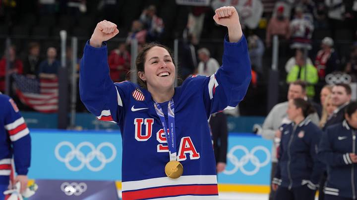 Feb 19, 2026; Milan, Italy; Abbey Murphy (37) of the United States celebrates after winning the gold medal in women's ice hockey after defeating Canada during the Milano Cortina 2026 Olympic Winter Games at Milano Santagiulia Ice Hockey Arena. Mandatory Credit: Amber Searls-Imagn Images Feb 19, 2026; Milan, Italy; Abbey Murphy (37) of the United States celebrates after winning the gold medal in women's ice hockey after defeating Canada during the Milano Cortina 2026 Olympic Winter Games at Milano Santagiulia Ice Hockey Arena. Mandatory Credit: Amber Searls-Imagn Images