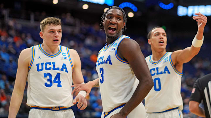 Mar 20, 2025; Lexington, KY, USA; UCLA Bruins guard Eric Dailey Jr. (3) reacts during the second half against the Utah State Aggies in the first round of the NCAA Tournament at Rupp Arena. Mandatory Credit: Aaron Doster-Imagn Images Mar 20, 2025; Lexington, KY, USA; UCLA Bruins guard Eric Dailey Jr. (3) reacts during the second half against the Utah State Aggies in the first round of the NCAA Tournament at Rupp Arena. Mandatory Credit: Aaron Doster-Imagn Images