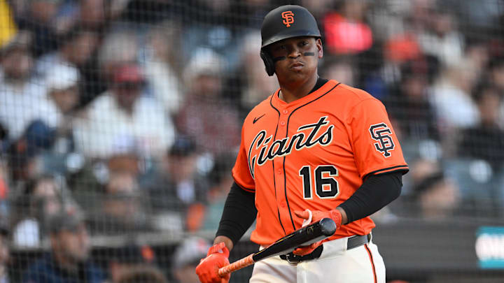 Jun 20, 2025; San Francisco, California, USA; San Francisco Giants designated hitter Rafael Devers (16) waits to bat against the Boston Red Sox in the first inning at Oracle Park. Mandatory Credit: Eakin Howard-Imagn Images Jun 20, 2025; San Francisco, California, USA; San Francisco Giants designated hitter Rafael Devers (16) waits to bat against the Boston Red Sox in the first inning at Oracle Park. Mandatory Credit: Eakin Howard-Imagn Images