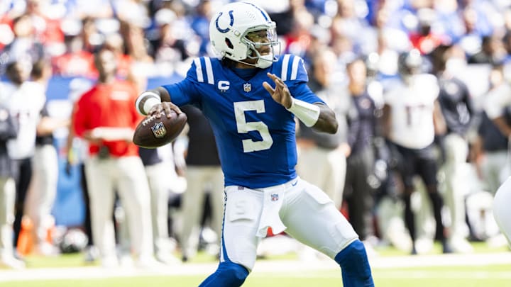 Sep 8, 2024; Indianapolis, Indiana, USA; Indianapolis Colts quarterback Anthony Richardson (5) throws a pass during the second half against the Houston Texans at Lucas Oil Stadium. Mandatory Credit: Marc Lebryk-Imagn Images