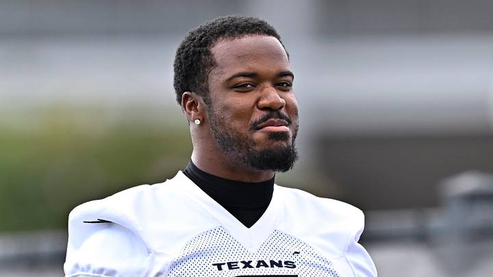 Jun 9, 2026; Houston, Texas, USA; Houston Texans linebacker Azeez al-Shaair arrives for the team’s minicamp at Houston Methodist Training Center. Mandatory Credit: Maria Lysaker-Imagn Images
