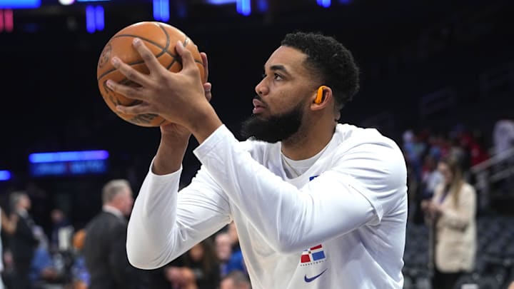 Feb 20, 2025; New York, New York, USA; New York Knicks center Karl-Anthony Towns (32) warms up prior to the game  against the Chicago Bulls at Madison Square Garden. Mandatory Credit: Gregory Fisher-Imagn Images