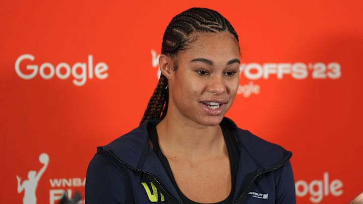 Sep 24, 2023; Las Vegas, Nevada, USA; Dallas Wings forward Satou Sabally (0) speaks to the press before game one of the 2023 WNBA Playoffs at Michelob Ultra Arena. Mandatory Credit: Kirby Lee-Imagn Images Sep 24, 2023; Las Vegas, Nevada, USA; Dallas Wings forward Satou Sabally (0) speaks to the press before game one of the 2023 WNBA Playoffs at Michelob Ultra Arena. Mandatory Credit: Kirby Lee-Imagn Images
