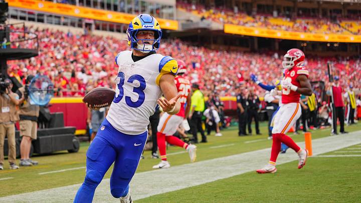 Aug 15, 2026; Kansas City, Missouri, USA; Los Angeles Rams running back Dean Connors (33) scores a touchdown during the second half against the Kansas City Chiefs at at Arrowhead Stadium. Mandatory Credit: Jay Biggerstaff-Imagn Images Aug 15, 2026; Kansas City, Missouri, USA; Los Angeles Rams running back Dean Connors (33) scores a touchdown during the second half against the Kansas City Chiefs at at Arrowhead Stadium. Mandatory Credit: Jay Biggerstaff-Imagn Images