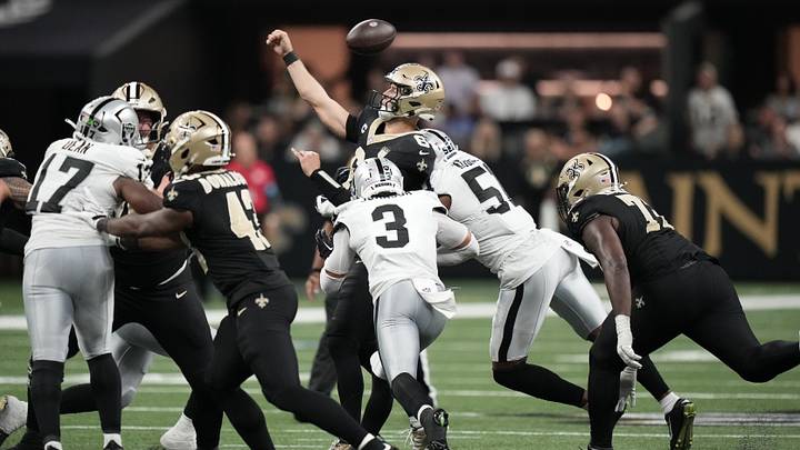 Sep 27, 2026; New Orleans, Louisiana, USA; Las Vegas Raiders defensive end Malcolm Koonce (51) sacks New Orleans Saints quarterback Tyler Shough (6) during the fourth quarter at Caesars Superdome. Mandatory Credit: Matthew Hinton-Imagn Images Sep 27, 2026; New Orleans, Louisiana, USA; Las Vegas Raiders defensive end Malcolm Koonce (51) sacks New Orleans Saints quarterback Tyler Shough (6) during the fourth quarter at Caesars Superdome. Mandatory Credit: Matthew Hinton-Imagn Images
