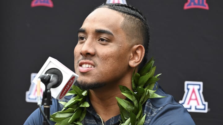 Jul 10, 2024; Las Vegas, NV, USA; Arizona Wildcats quarterback Noah Fifita speaks to the media during the Big 12 Media Days at Allegiant Stadium Jul 10, 2024; Las Vegas, NV, USA; Arizona Wildcats quarterback Noah Fifita speaks to the media during the Big 12 Media Days at Allegiant Stadium