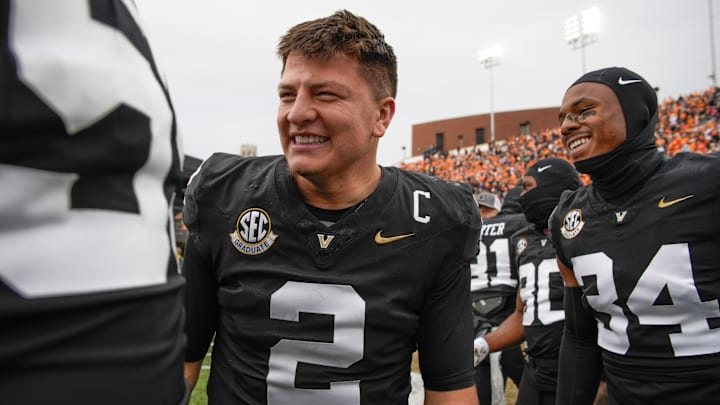 Vanderbilt quarterback Diego Pavia (2) mingles with teammates after the game at FirstBank Stadium in Nashville, Tenn., Saturday, Nov. 30, 2024.