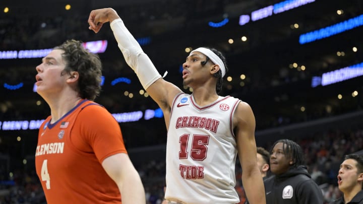 Mar 30, 2024; Los Angeles, CA, USA; Alabama Crimson Tide forward Jarin Stevenson (15) reacts after