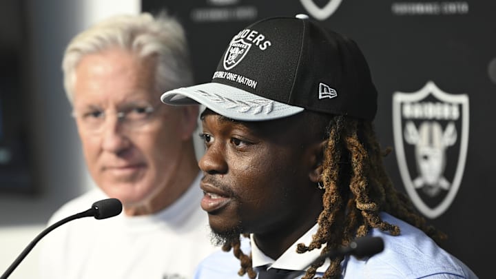 Apr 25, 2025; Henderson, NV, USA; Las Vegas Raiders first round draft pick in the 2025 NFL Draft Ashton Jeanty, speaks to the media at Intermountain Health Performance Center. Mandatory Credit: Candice Ward-Imagn Images