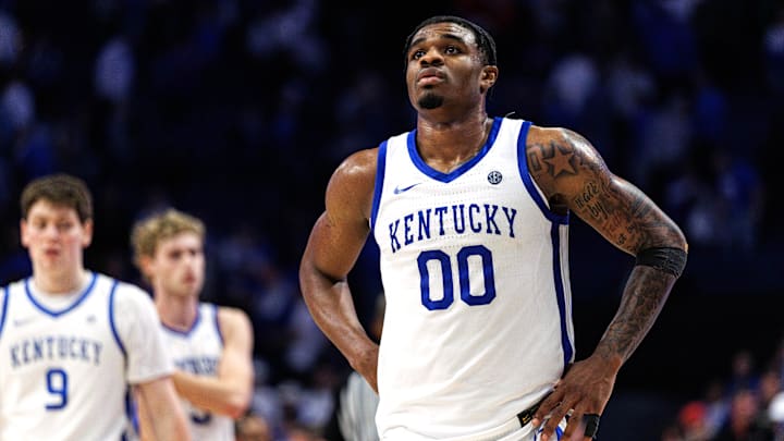 Feb 17, 2026; Lexington, Kentucky, USA; Kentucky Wildcats guard Otega Oweh (00) looks on during the second half against the Georgia Bulldogs at Rupp Arena at Central Bank Center. Mandatory Credit: Jordan Prather-Imagn Images Feb 17, 2026; Lexington, Kentucky, USA; Kentucky Wildcats guard Otega Oweh (00) looks on during the second half against the Georgia Bulldogs at Rupp Arena at Central Bank Center. Mandatory Credit: Jordan Prather-Imagn Images