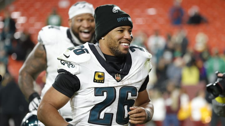 Dec 20, 2025; Landover, Maryland, USA; Philadelphia Eagles running back Saquon Barkley (26) runs off the field after the game against the Washington Commanders at Northwest Stadium. Mandatory Credit: Amber Searls-Imagn Images