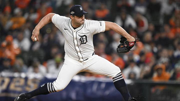 Oct 7, 2025; Detroit, Michigan, USA; Detroit Tigers pitcher Tommy Kahnle (43) delivers a pitch in the fourth inning against the Seattle Mariners during game three of the ALDS round for the 2025 MLB playoffs at Comerica Park. Mandatory Credit: Lon Horwedel-Imagn Images