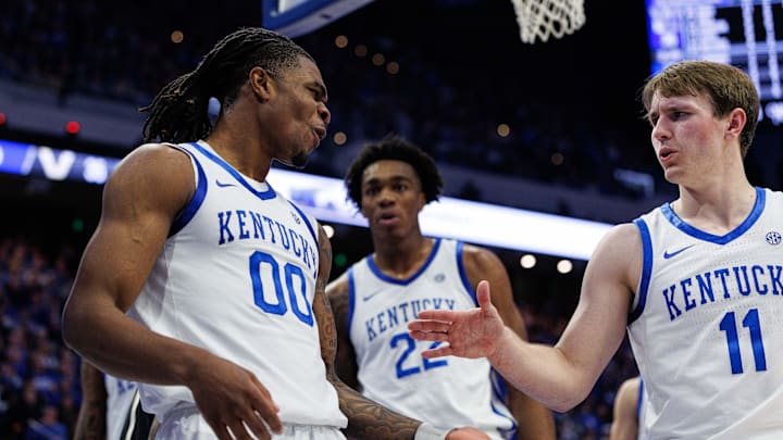 Feb 19, 2025; Lexington, Kentucky, USA; Kentucky Wildcats guard Otega Oweh (00) celebrates with guard Travis Perry (11) after blocking a shot by the Vanderbilt Commodores during the first half at Rupp Arena at Central Bank Center. Mandatory Credit: Jordan Prather-Imagn Images Feb 19, 2025; Lexington, Kentucky, USA; Kentucky Wildcats guard Otega Oweh (00) celebrates with guard Travis Perry (11) after blocking a shot by the Vanderbilt Commodores during the first half at Rupp Arena at Central Bank Center. Mandatory Credit: Jordan Prather-Imagn Images