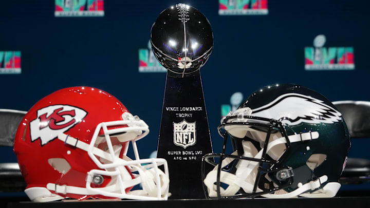 Feb 8, 2023; Phoenix, AZ, USA; Kansas City Chiefs and Philadelphia Eagles helmets and Vince Lombardi trophy at press conference at Phoenix Convention Center. Mandatory Credit: Kirby Lee-Imagn Images Feb 8, 2023; Phoenix, AZ, USA; Kansas City Chiefs and Philadelphia Eagles helmets and Vince Lombardi trophy at press conference at Phoenix Convention Center. Mandatory Credit: Kirby Lee-Imagn Images